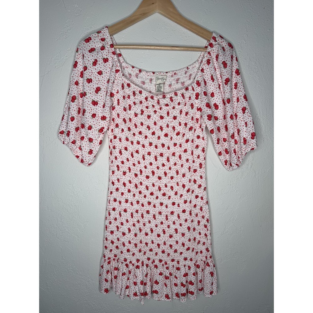 Strawberry Print Mini Dress Ruffle Hem Cottagecore smocked Fairycore puff  M‎